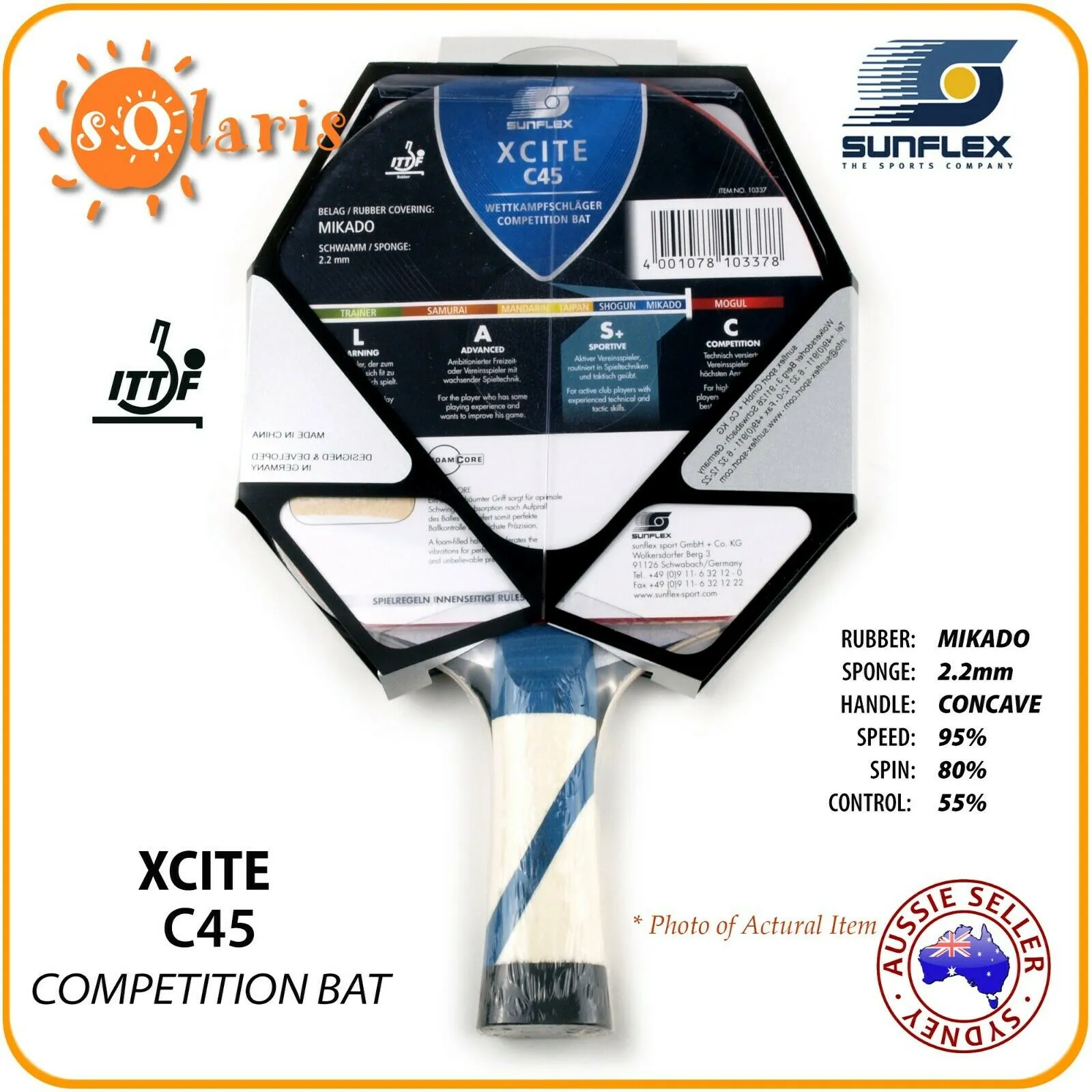 SUNFLEX XCITE C45 Competition Bat ITTF Approve Table Tennis Bat Foam Core Handle